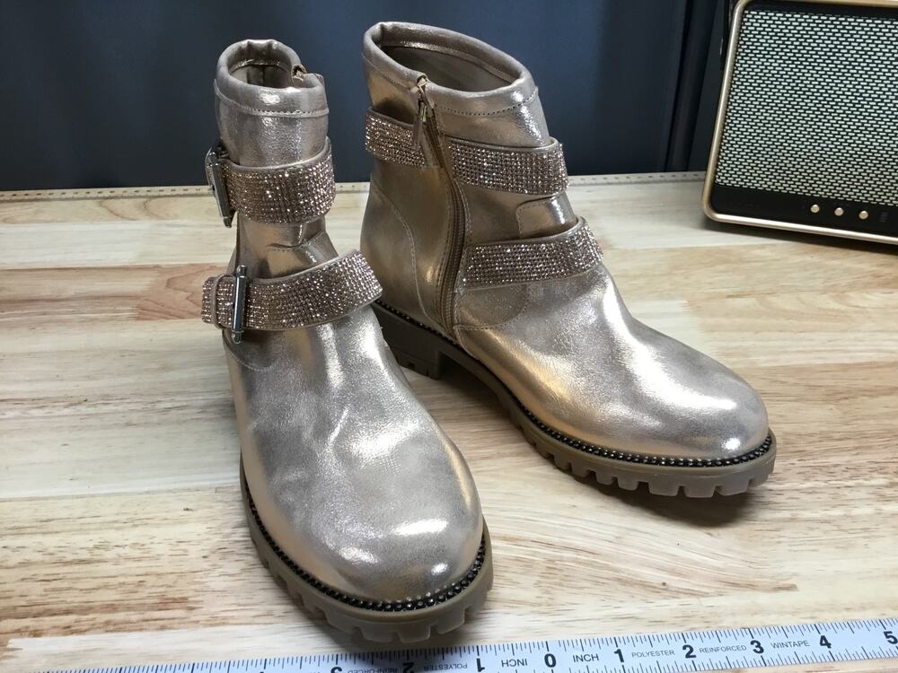 Dolce Vita Yeddy Kids 4 Rose Gold Rhinestone Double Buckle Side Zip Combat Boot